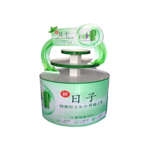 店頭のペーパー立場の表示、POS POPのフロアスタンド、ボール紙の陳列台