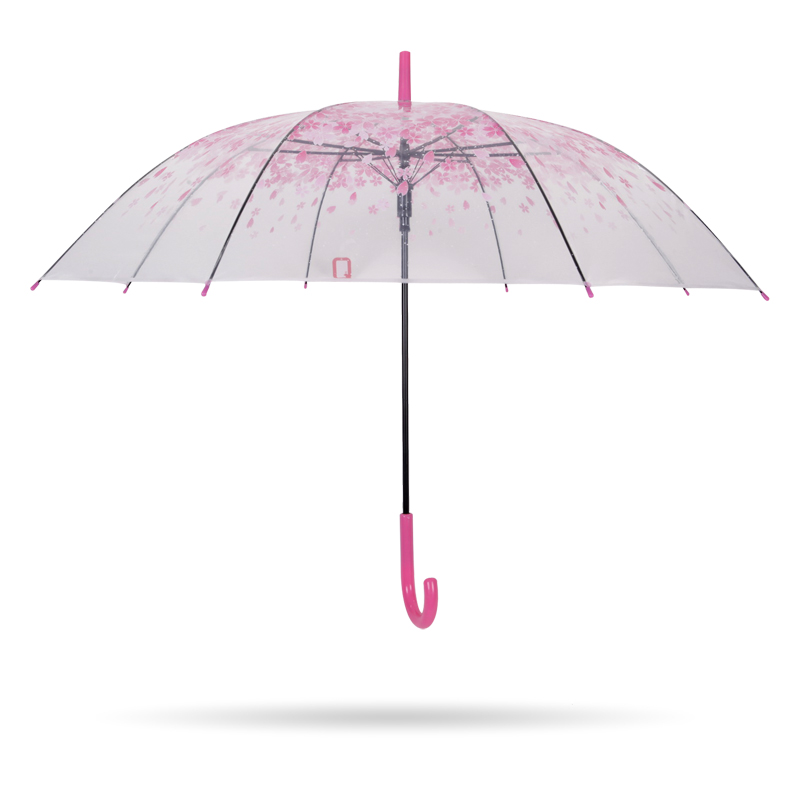 ピンクさくら23インチ8KオートオープンプラスチックJハンドル透明詩ストレート傘