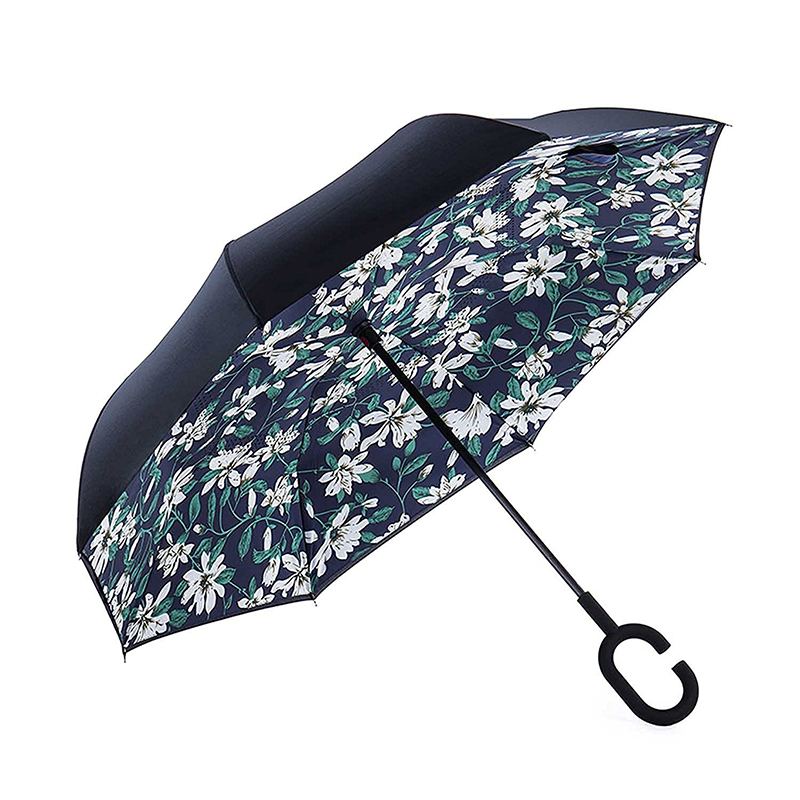 フラワープリントデザインのリバースパラソル付き防風雨傘