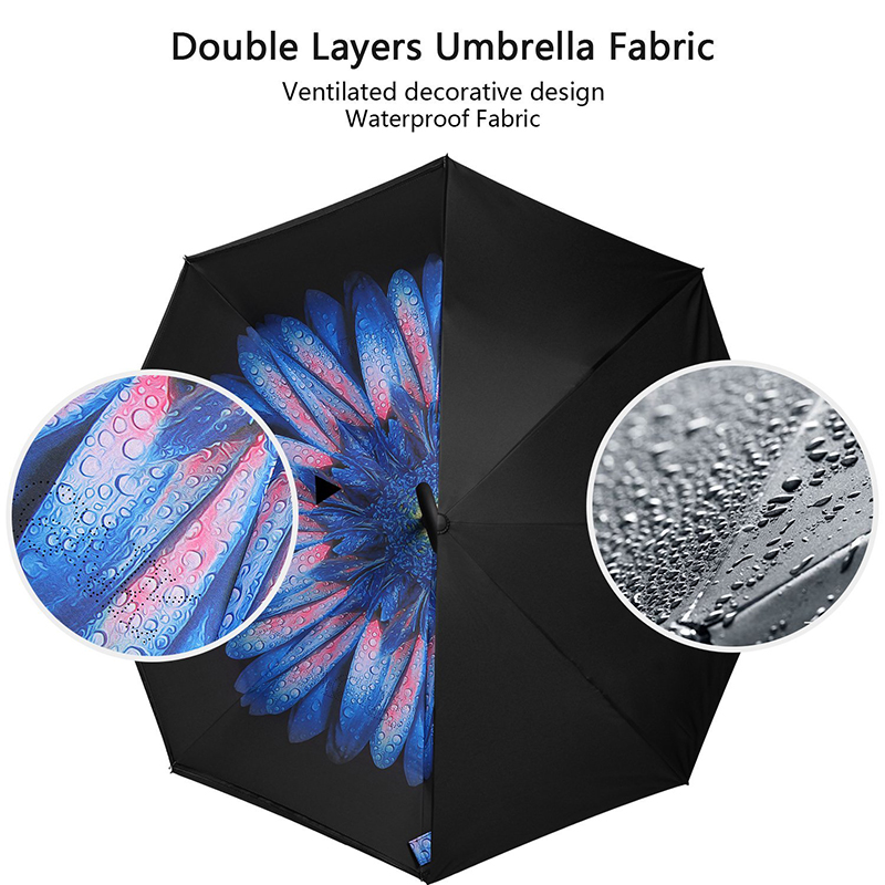 フラワープリントデザインのリバースパラソル付き防風雨傘