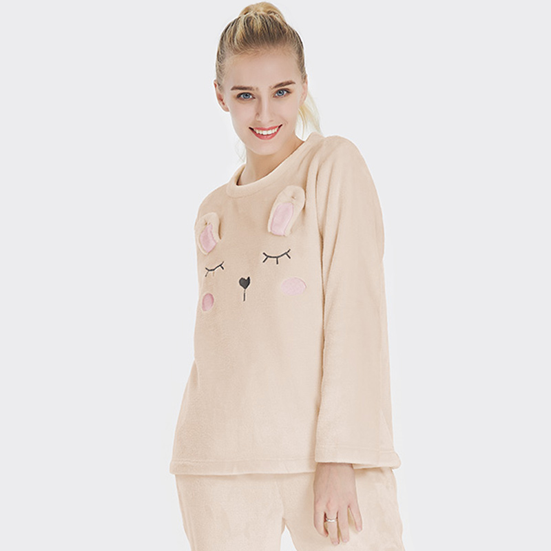 女性フランネルフリース動物刺繍ウサギパジャマセット