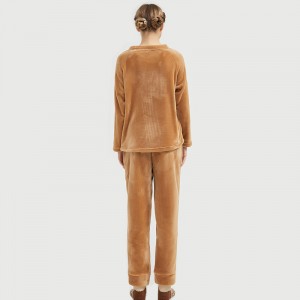 女性フランネルフリース動物刺繍クマパジャマセット