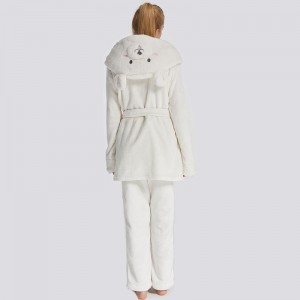 女性フランネルフリース動物刺繍フード付きベアパジャマセット