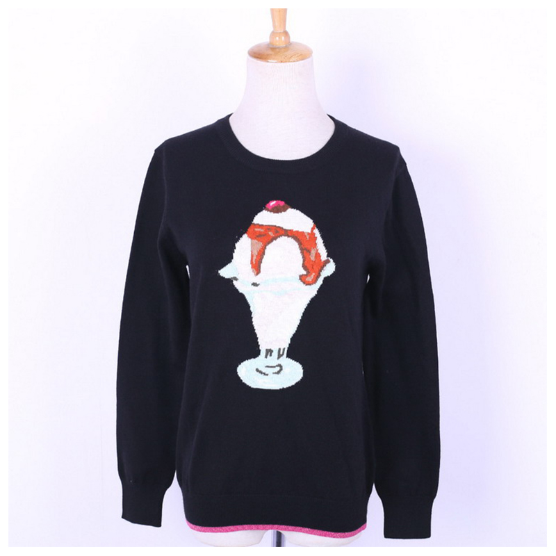 カスタムデザインのアイスクリームジャカード綿100％の女性のプルオーバーのセーター