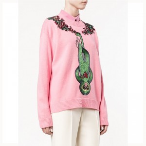 女性おかしい猿ビーズアップリケ装飾セータークルーネックプルオーバー