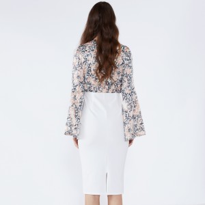 ホワイトフローラルシースフルートスリーブフォーマルボディコンドレス2019女性服