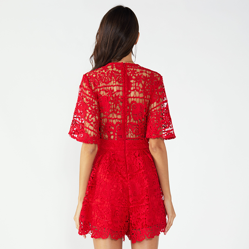 女性のための赤い刺繍ワンピースレディース因果ショートセクシージャンプスーツ