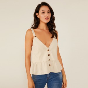 夏の開発V女の子セクシーなノースリーブトップファッションデザインホワイトノースリーブシャツレディースブラウス