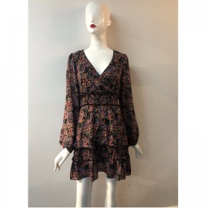 Vネック花柄プリントドレスJLWD0014