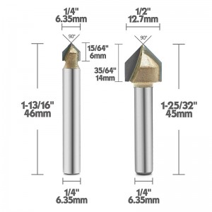 90度V溝ルータービット、チタニウムコーティング超硬チップ2枚刃CNC彫刻ビット木工面取りベベルカッター、1/4インチシャンク
