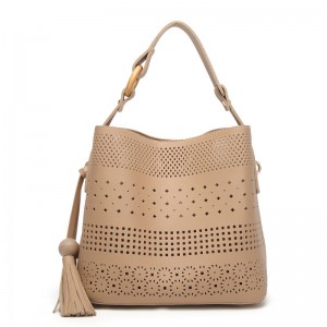 卸し売りはタッセルが付いている単層PUの革買い物袋をくり抜きます