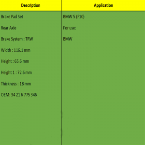 ブレーキパッド（OE：34 21 6 775 346）