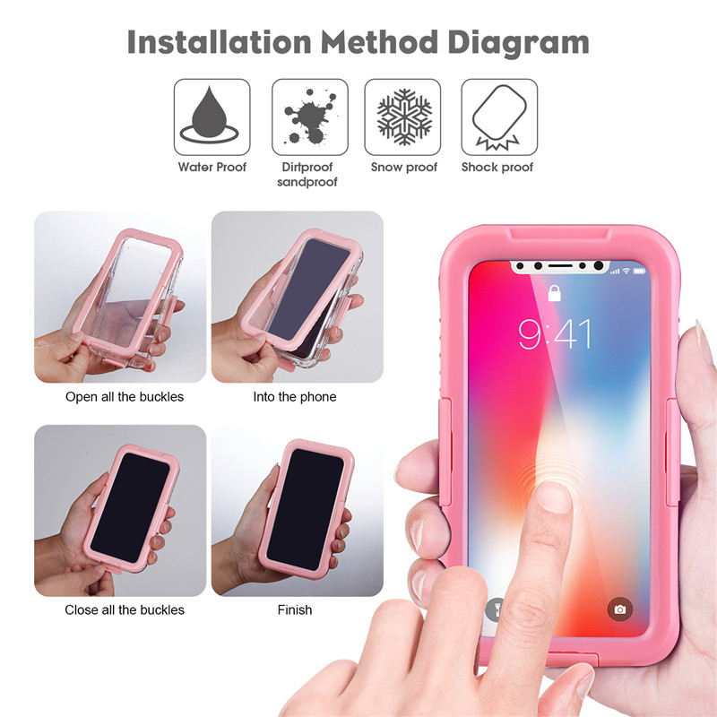 iPhone XRのIP 68ケース防水電話財布すべてプルーフケース（ピンク）