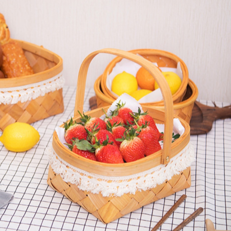 ハンドル付き木製織物バスケット