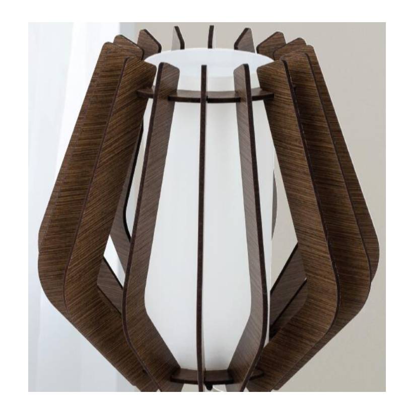 ダークブラウンの木製テーブルランプ、ガラスシェード