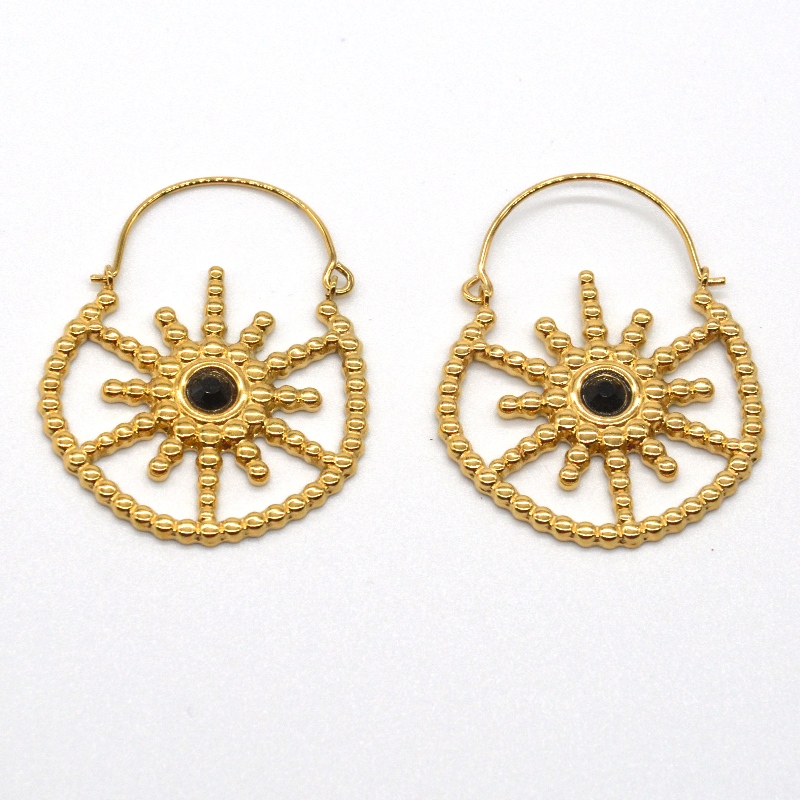 レディースゴールドメッキジュエリーボヘミアンスタイルヴィンテージフローラルブラック瑪瑙イヤリング中国ルイファンバオジュエリー加工工場