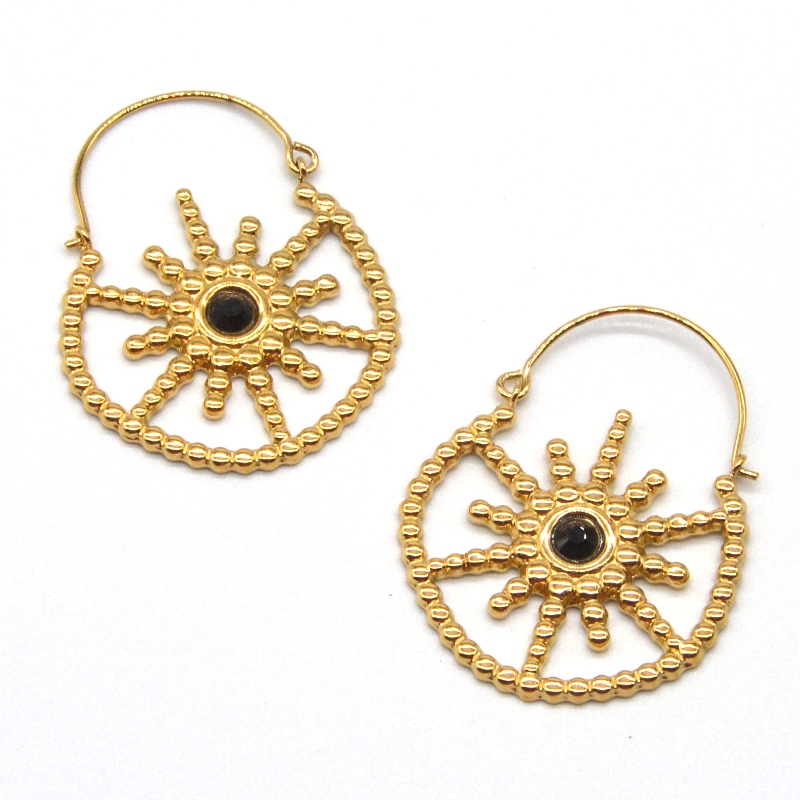 レディースゴールドメッキジュエリーボヘミアンスタイルヴィンテージフローラルブラック瑪瑙イヤリング中国ルイファンバオジュエリー加工工場