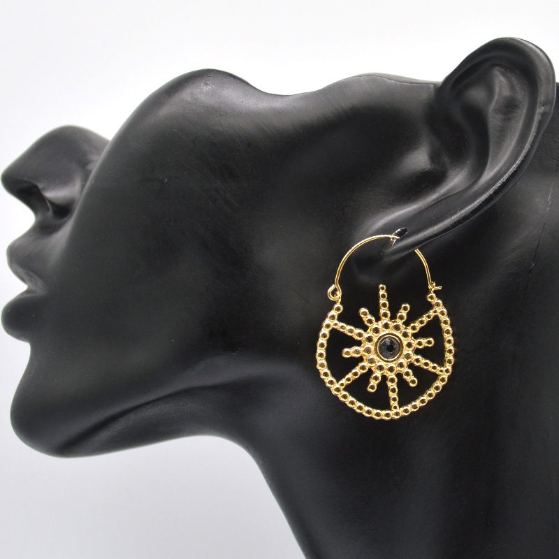 レディースゴールドメッキジュエリーボヘミアンスタイルヴィンテージフローラルブラック瑪瑙イヤリング中国ルイファンバオジュエリー加工工場