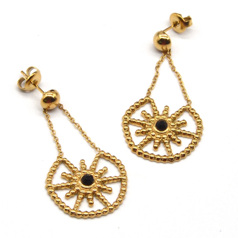 フラワーペンダント、イヤスタッドデザイン、若い女性のための魅力的な作品を備えたステンレススチールゴールドの女性モデル。中国ルイファンバオジュエリーファクトリー