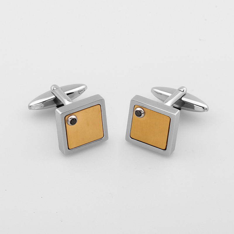 メンズツートンゴールドメッキステンレススチールカフリンクスブラックCZストーン