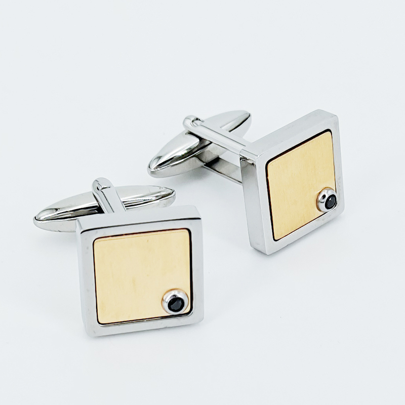 メンズツートンゴールドメッキステンレススチールカフリンクスブラックCZストーン