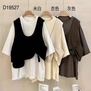 ゆったりとしたデザインミニマリストラウンドカラースタイルステッチスリーブスタイルカジュアル無地のコットンとリネン特大のカスタム19527Tシャツ+チョッキ