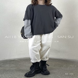 ゆったりしたデザイン・ミニマリスト丸襟スタイルステッチされたスリーブ・スタイルのカジュアルなソリッド・コットンとリネン・オーバーサイズカスタム