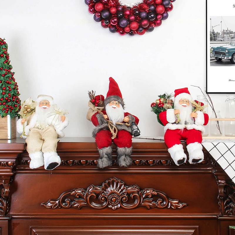 12インチ座っている黄金のサンタクロース置物とギフトバッグの葉と白い靴を着て箱のクリスマスの休日の装飾