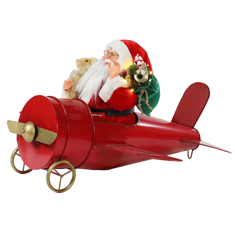 80cmのクリスマス音楽アニメーションサンタクロース座って赤い飛行機の装飾置物の古典的な休日の飾りギフトコレクション