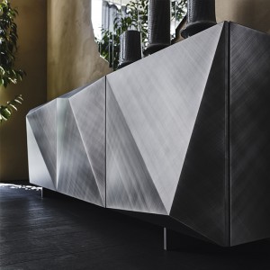 イタリアのモダンゴールドメタルハイグロスサイドボードダイニングルーム用の豪華なビュッフェキャビネット