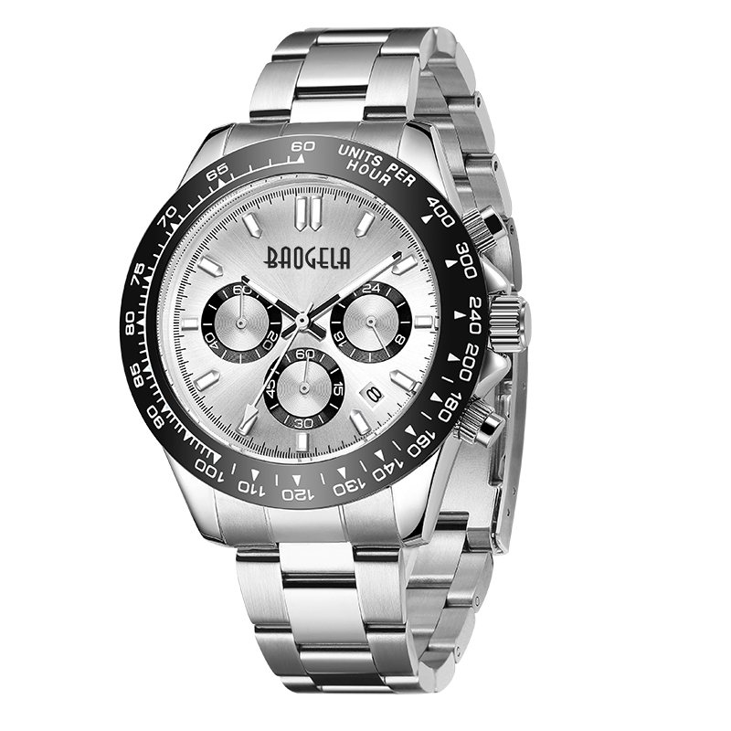 Baogela Mens Watch Top Brand Luxury Sportz Quartz Watchesステンレス鋼ストラップ防水クロノグラフ腕時計2210ブラックホワイト