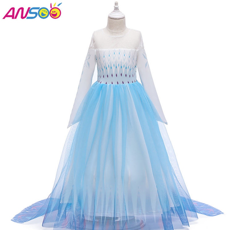 Ansoo Snow Queen 2 Cosplay Girls Dress Summer Casuary Mesh Princess Dress Parters Performancume 4-12歳の子供用ドレス