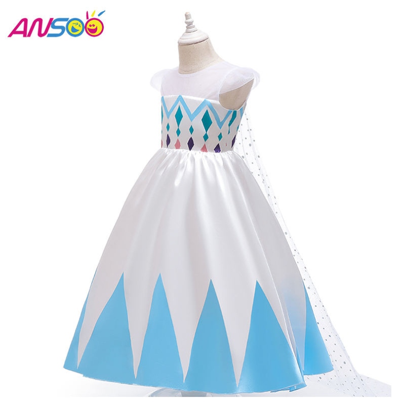 Ansoo New Wholesale Price Cartoon Elsa White Princess for Girls Dresses Halloween Costumes for Girls