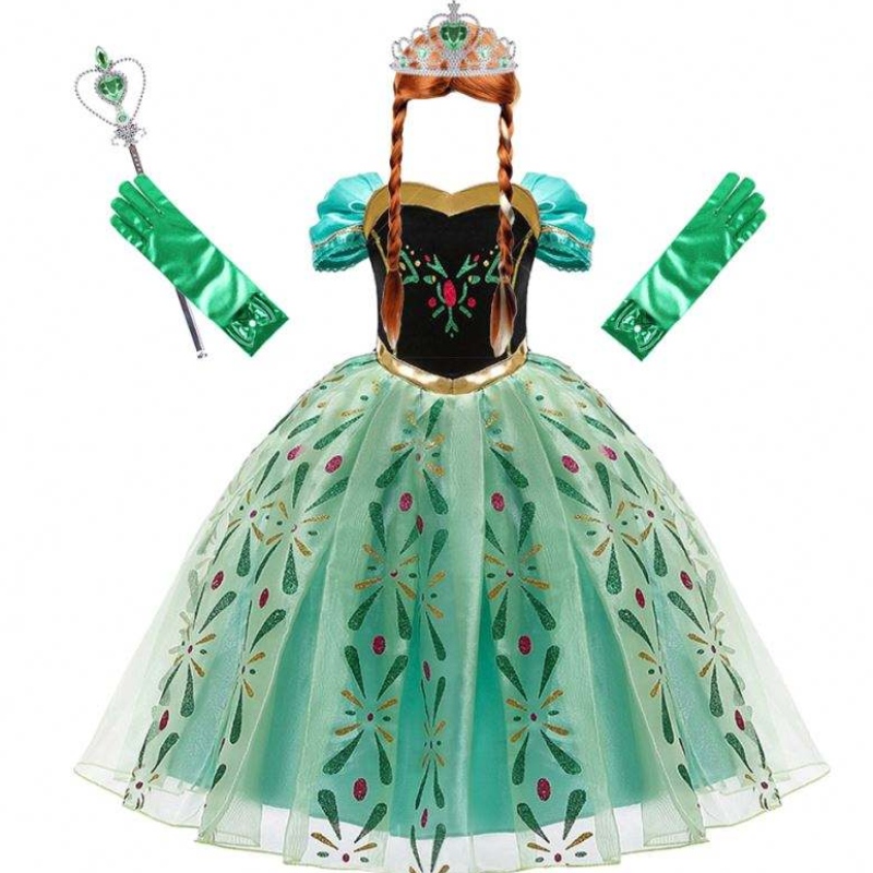 女の子のためのアンナドレス雪だるまクイーンプリンセスコスチュームキッズハロウィーン服子供誕生日カーニバルファンシードレスとかつら