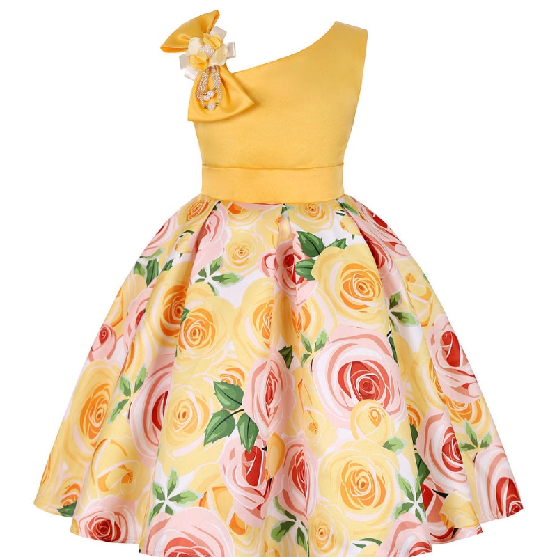 夏の女の子ローズプリントドレスプリンセス結婚式の誕生日パーティーフロックサテンの子供のベスティドドレスガールクリスマス服