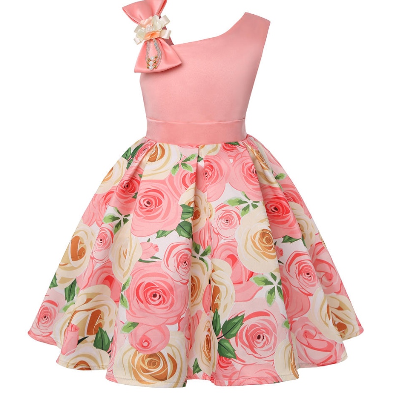 夏の女の子ローズプリントドレスプリンセス結婚式の誕生日パーティーフロックサテンの子供のベスティドドレスガールクリスマス服