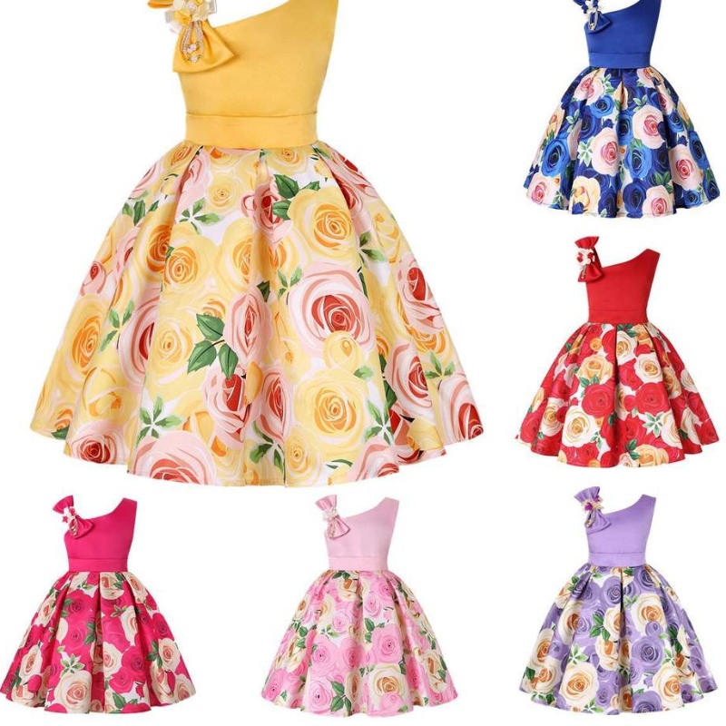 夏の女の子ローズプリントドレスプリンセス結婚式の誕生日パーティーフロックサテンの子供のベスティドドレスガールクリスマス服