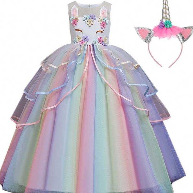 Baige Hot Sale Rainbow Unicorn Party Dresses Children Flower Girl Dress with Headband