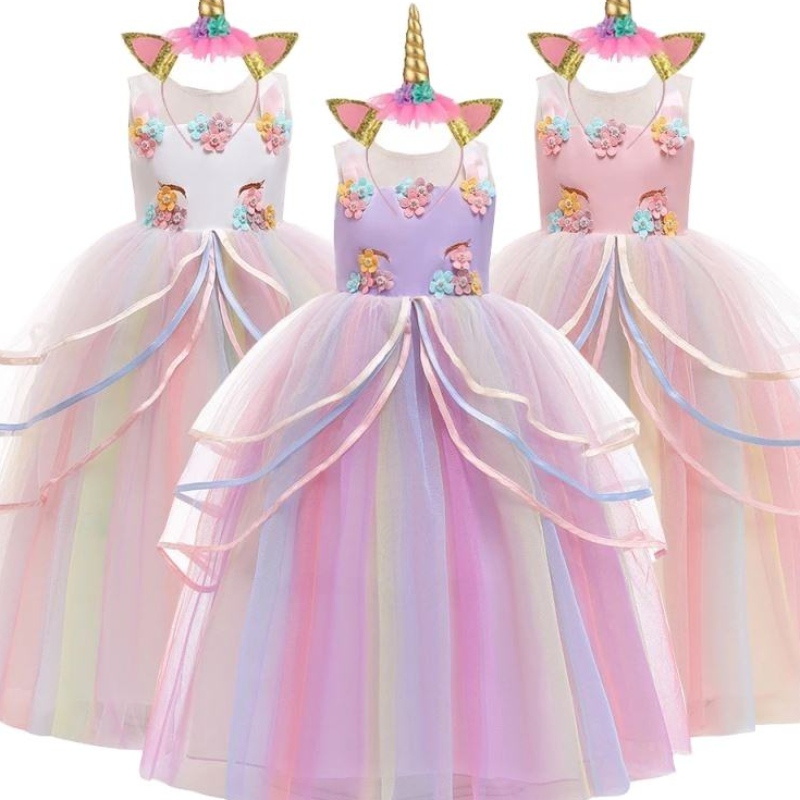 Baige Hot Sale Rainbow Unicorn Party Dresses Children Flower Girl Dress with Headband