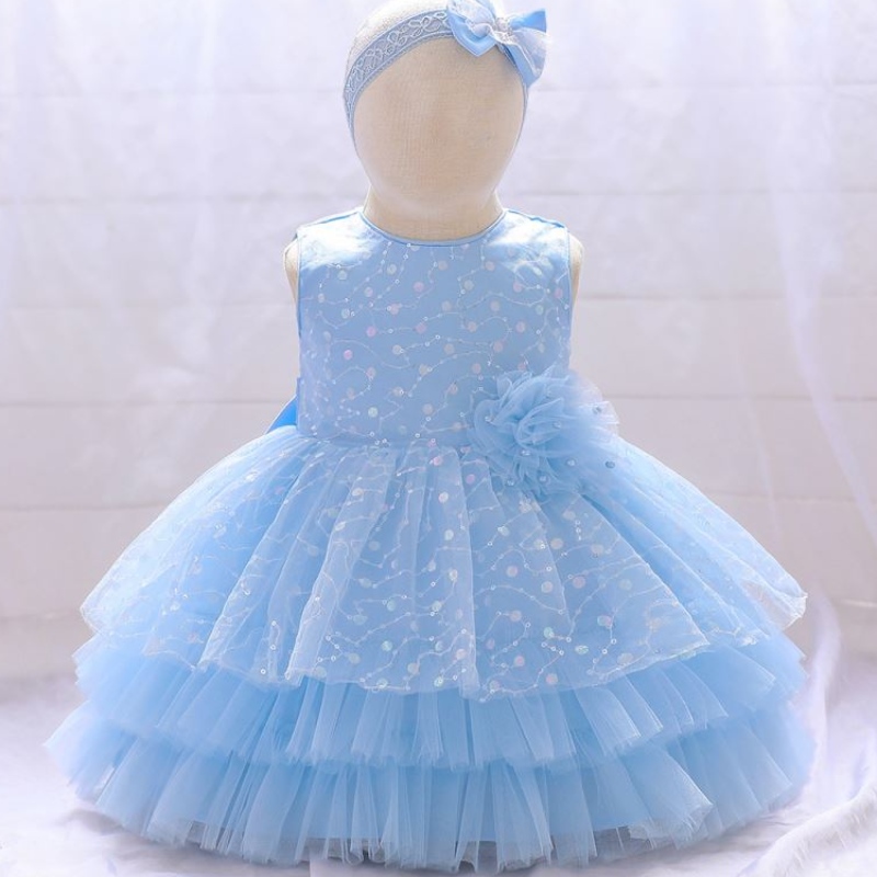 Baige Amazon Hot Sale Flower Girl Party Dress Infant Kids Birthday Full Month Dress with Headband