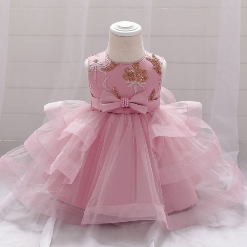 Baige Wholesale Embroidery Pearl Bow Design Party Baby Birgh Dress Birthday Party KidsFrock L1929xz