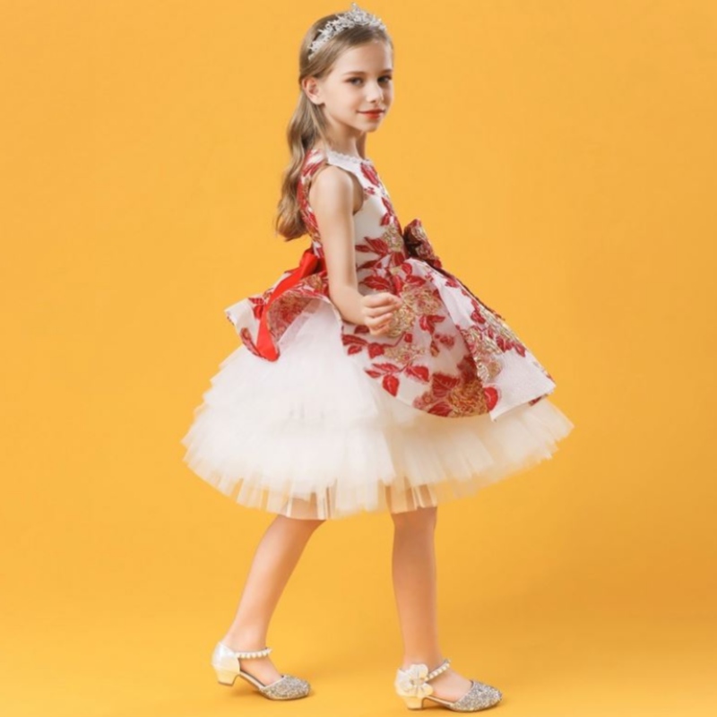 Baige Hot Sale New Style 3-10歳の女の子キッズリトルガールズフラワーボウ刺繍ドレスパーティーウェディングバースデー
