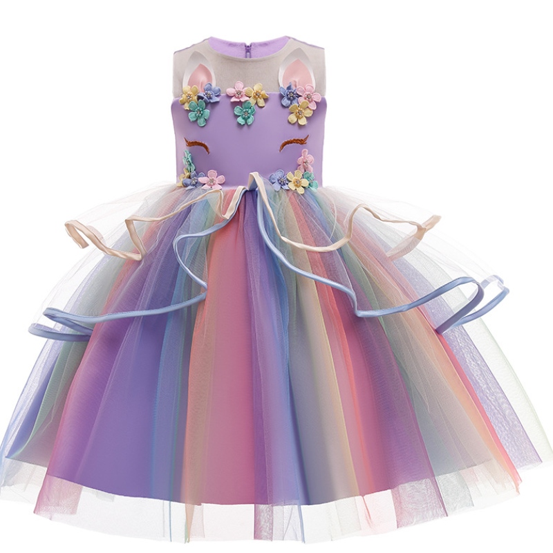 3色レインボーガールユニコーンドレスプリンセスドレス女児用誕生日