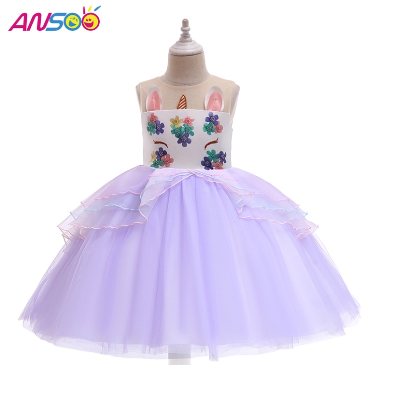 Ansoo Unicorn Planpess Flower Girl Dress Wholesale Kids Wedding Dress膝の長さの女の子パーティードレス