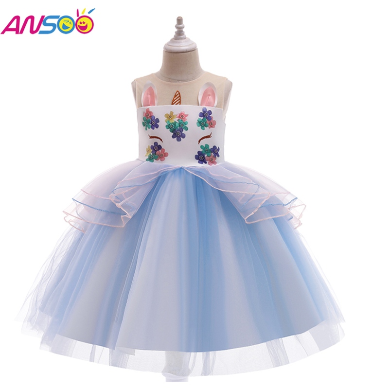 女の子レインボーのためのアンソーユニコーンドレスチュチュプリンセスドレスキッズバースデーパーティードレス子供