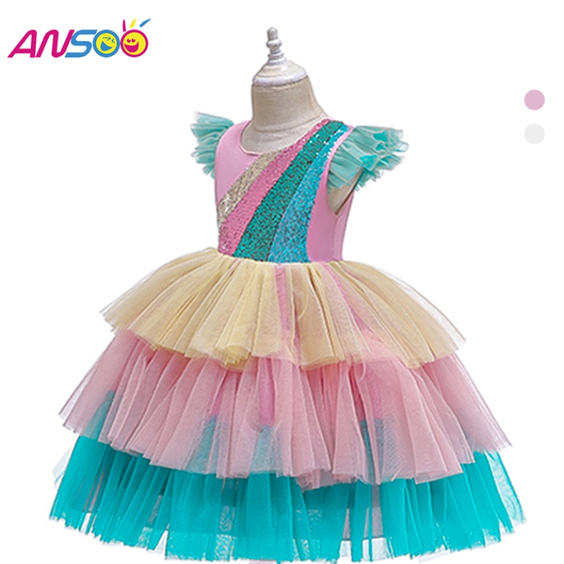 Ansoo Luxury Mermaid Scales Ballet Tutu Kids Girls Squideing Princess Halloween Cosplay Costumes Dress for Girl