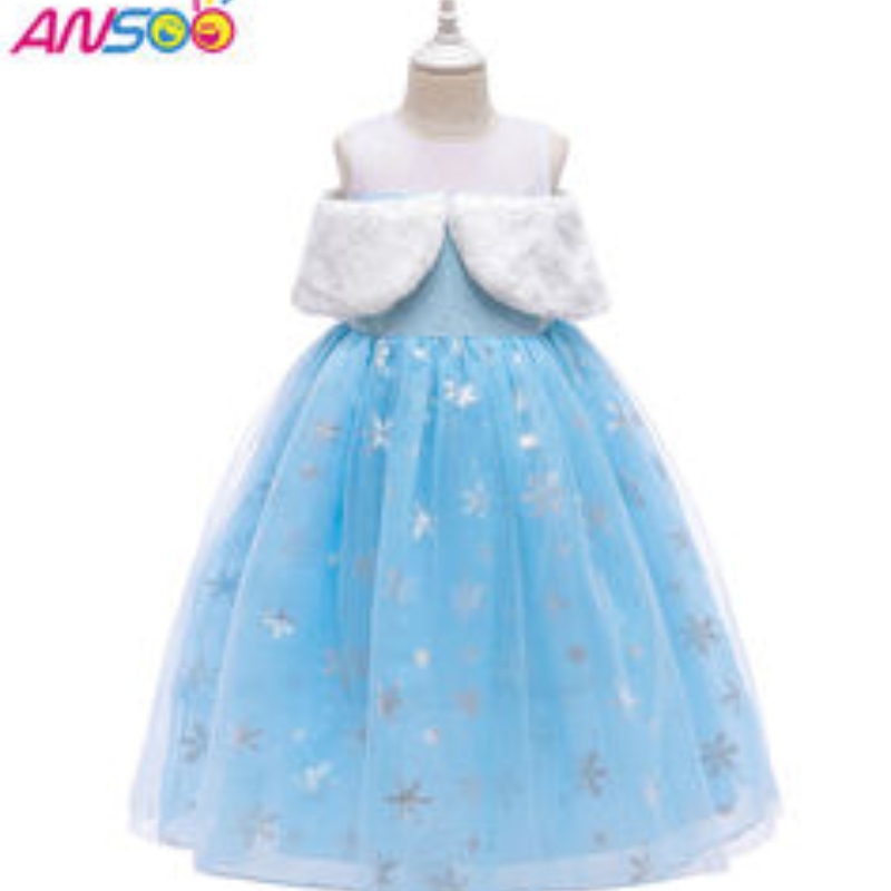 Ansoo2021 Children \\ 's Performance Elsa Fashion Girl Wool Collar Princess Dress Lovely Girls Costume