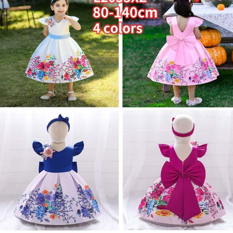 Baige Big Bow Christmas Flower Girl Party Princess Dress Baige Printed V-Back Birthday Ball Gown L2033XZ