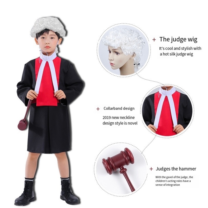 子供たちの裁判官コスチュームコスプレローブウィッグギャベルハロウィーンキャリア弁護士キッズコスチューム