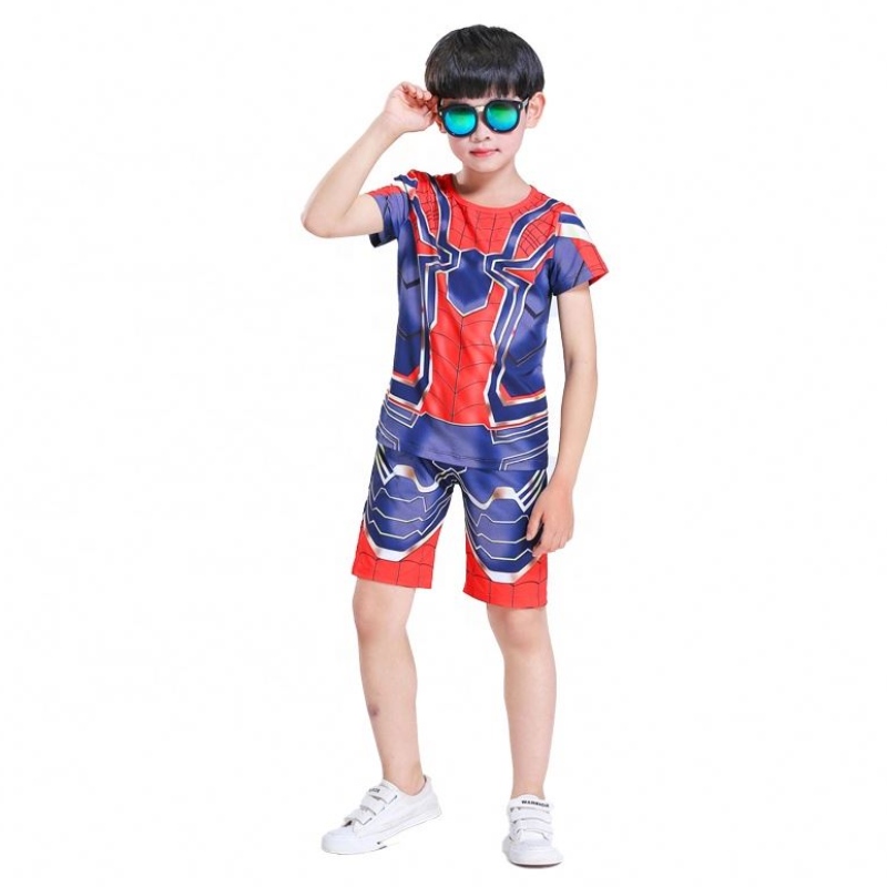 新しいスタイルポリエステルスポーツスーツカジュアルアウトフィットハロウィーンパーティーコスプレスパイダーマンスーツトップ&shorts for Kids Boys